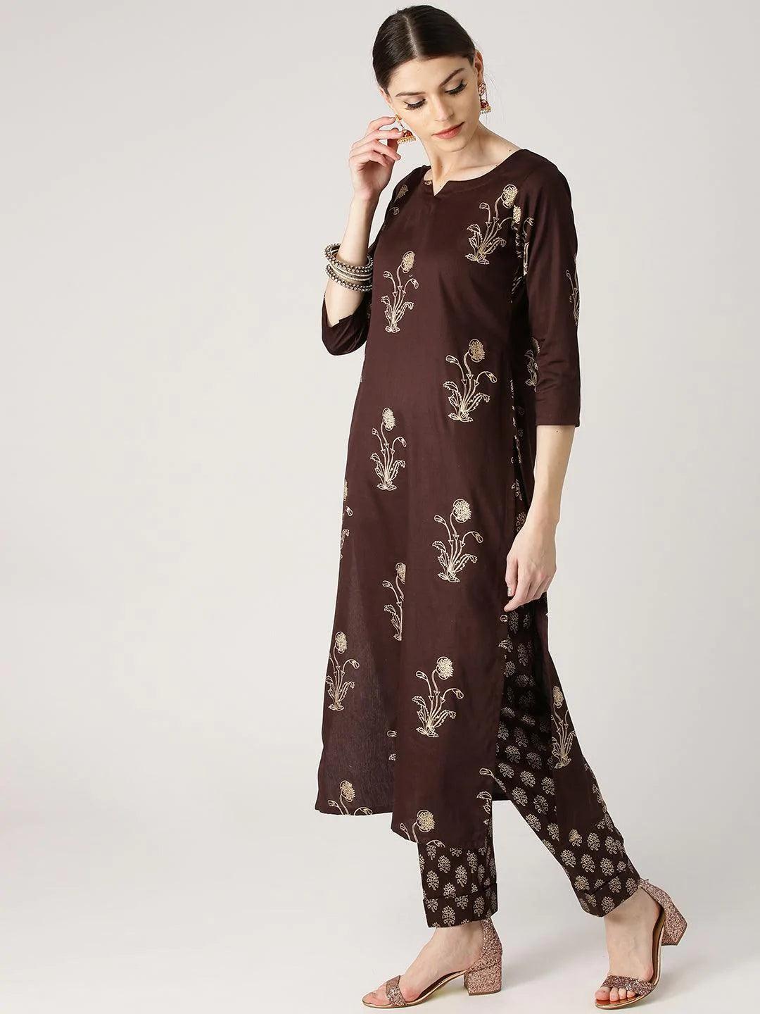 Brown Printed Cotton Kurta Set