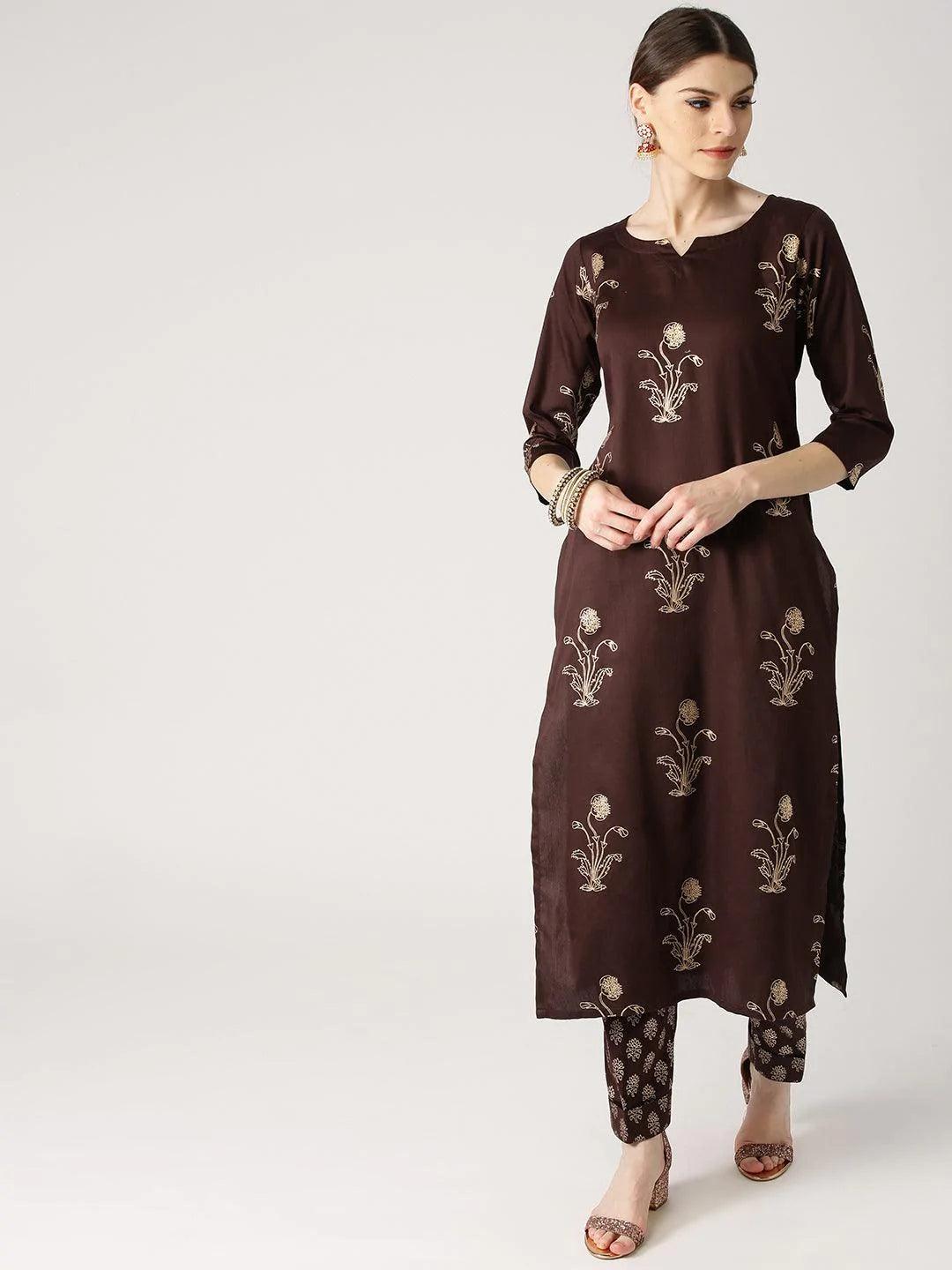 Brown Printed Cotton Kurta Set - ShopLibas