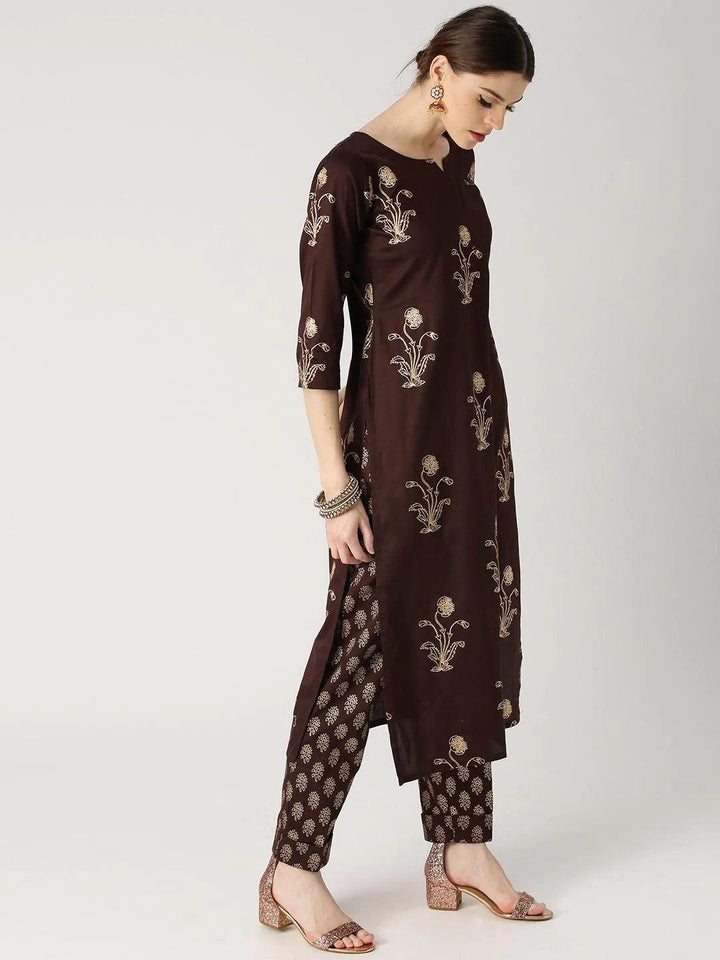 Brown Printed Cotton Kurta Set - ShopLibas