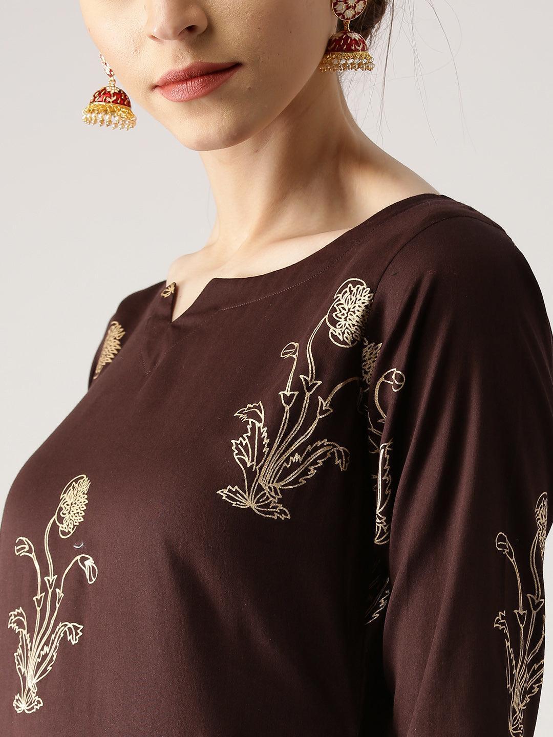 Brown Printed Cotton Kurta Set