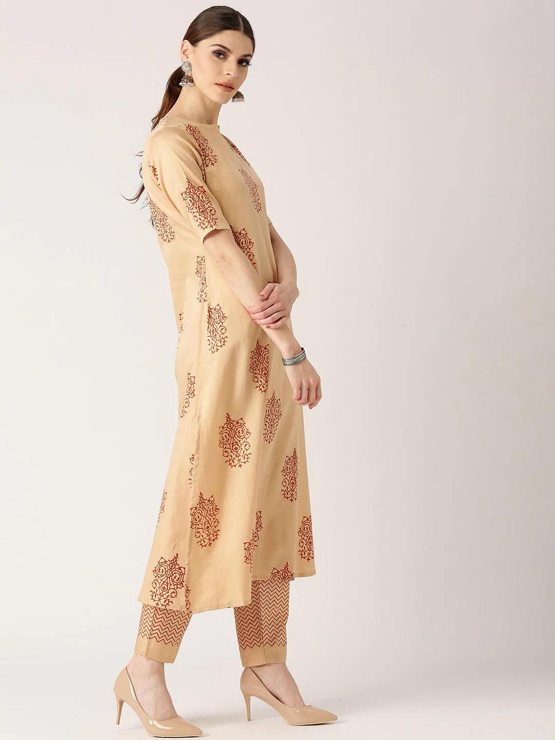 Beige Printed Cotton Kurta Set - ShopLibas