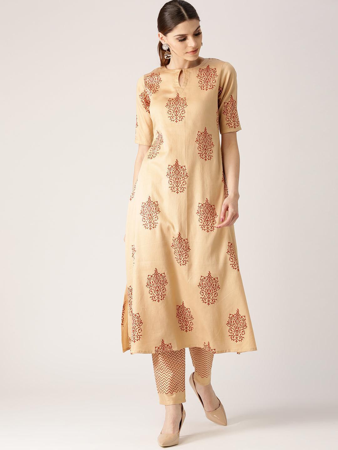 Beige Printed Cotton Kurta Set