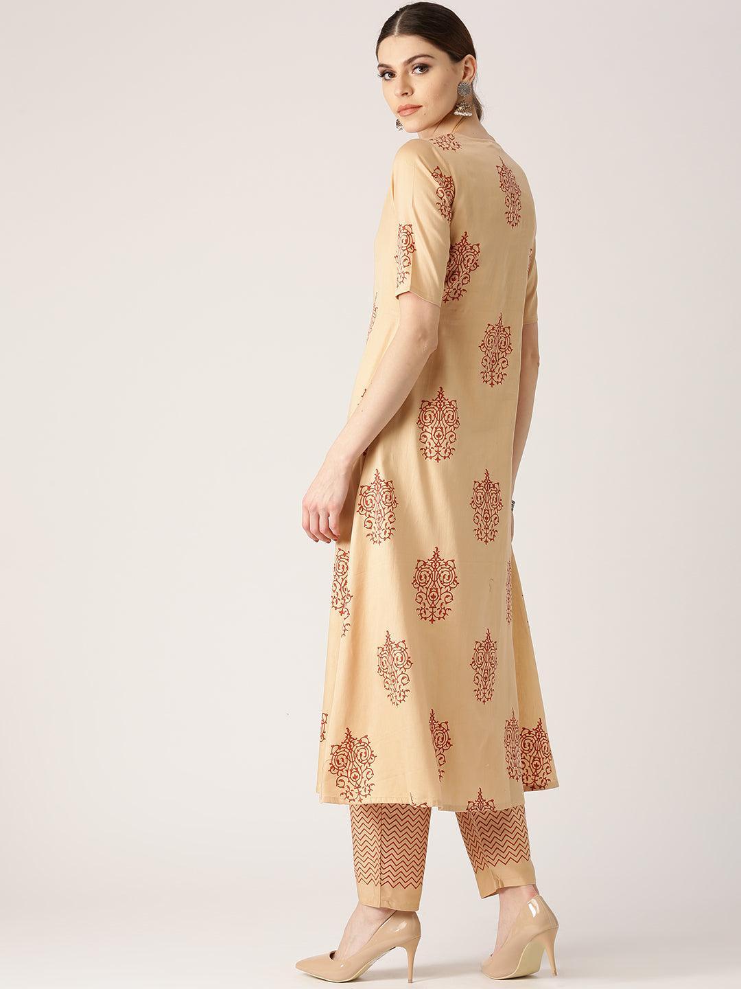 Beige Printed Cotton Kurta Set - ShopLibas