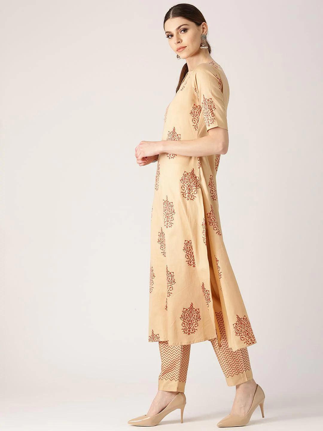 Beige Printed Cotton Kurta Set - ShopLibas