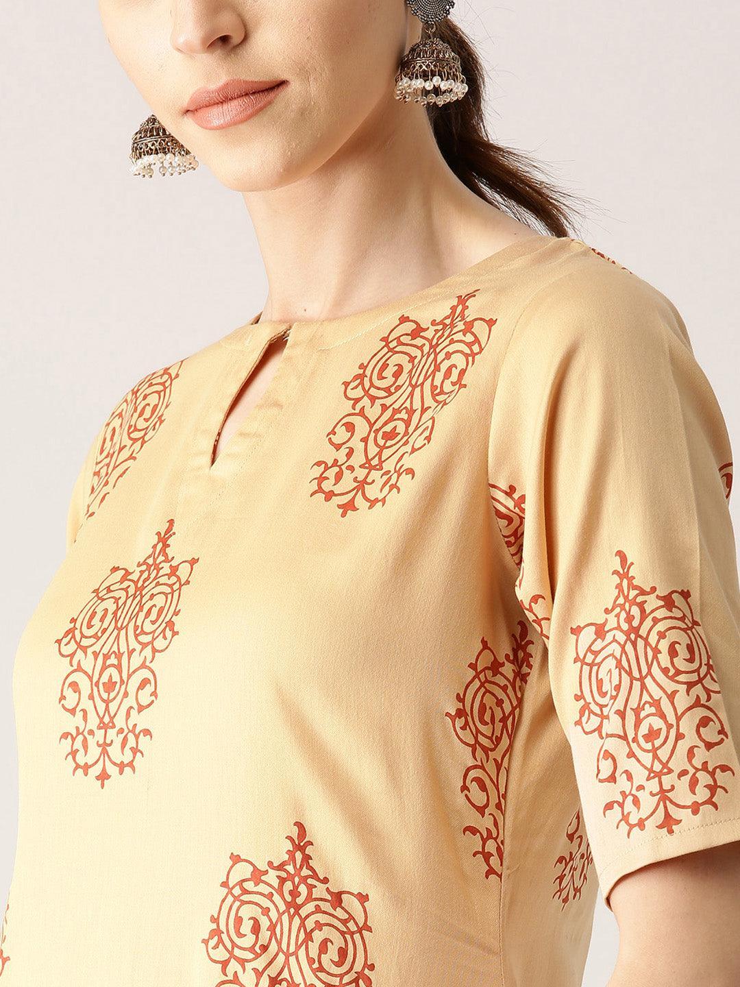 Beige Printed Cotton Kurta Set - ShopLibas