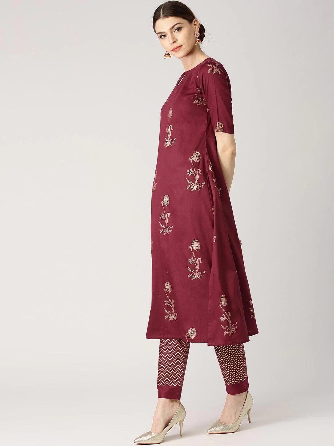 Maroon Printed Cotton Kurta Set