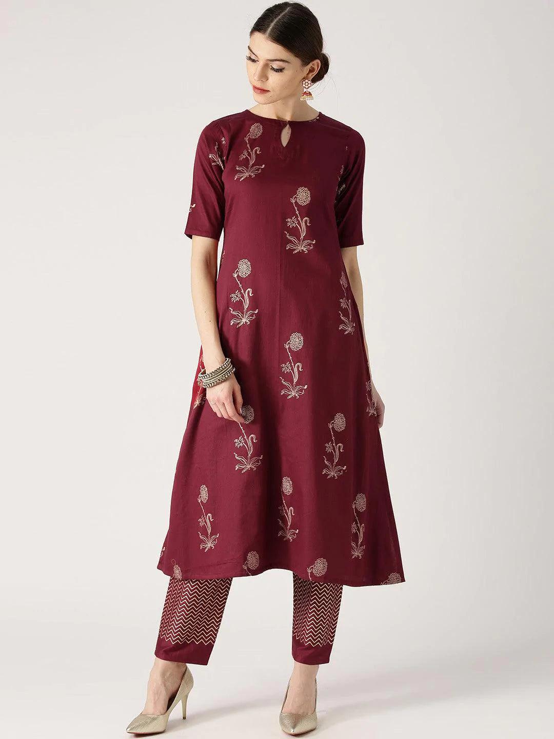 Maroon Printed Cotton Kurta Set