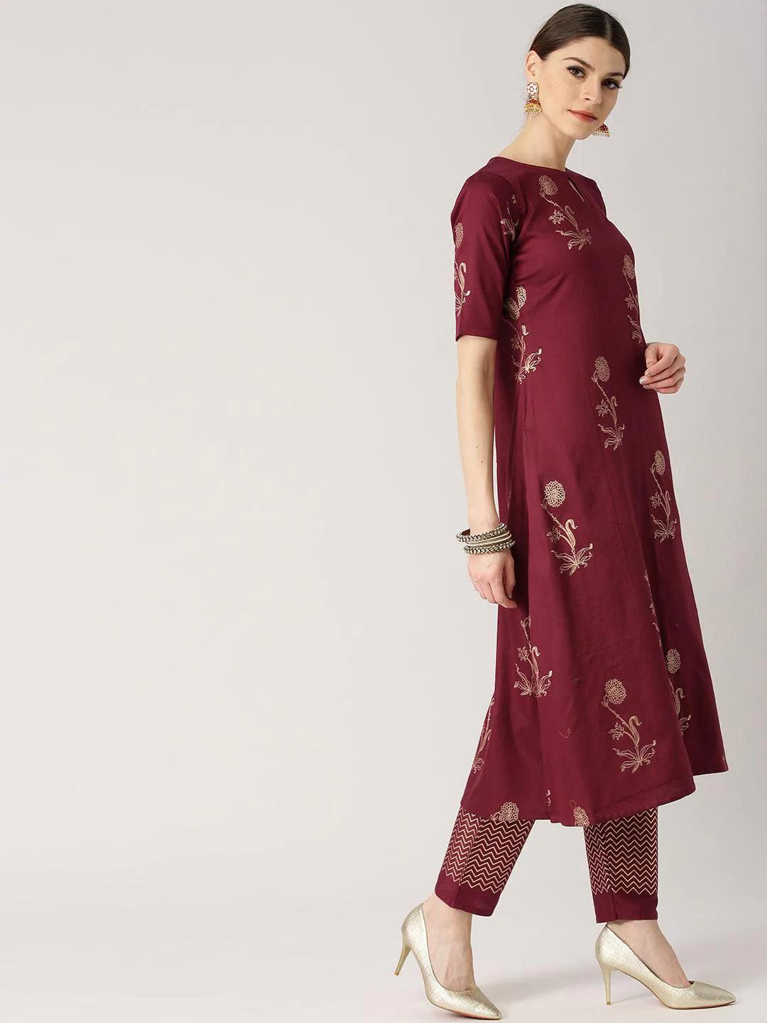 Maroon Printed Cotton Kurta Set