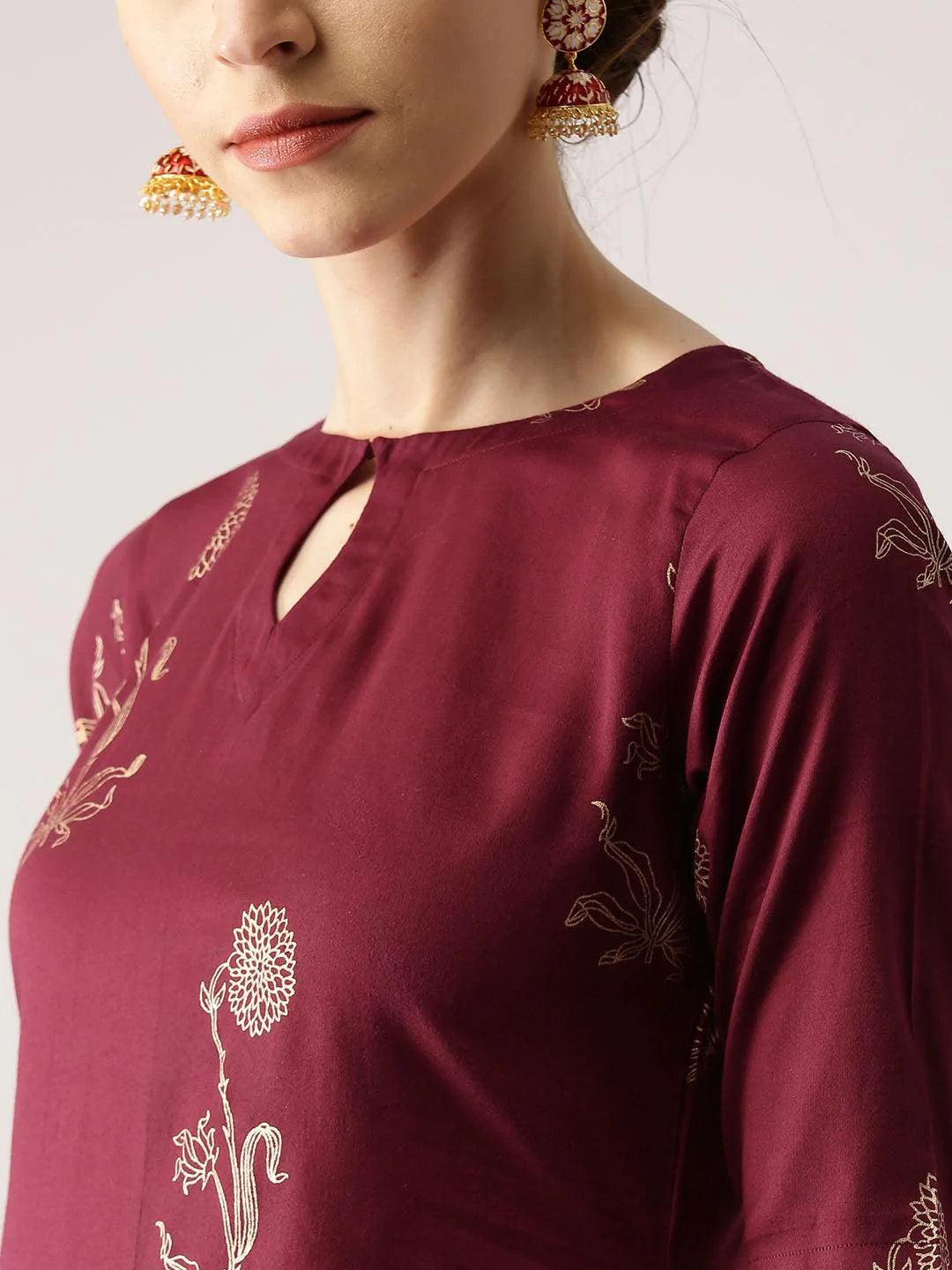 Maroon Printed Cotton Kurta Set