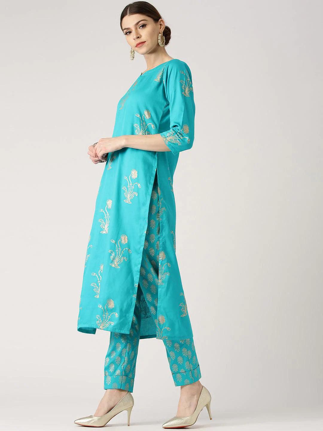 Blue Printed Cotton Kurta Set