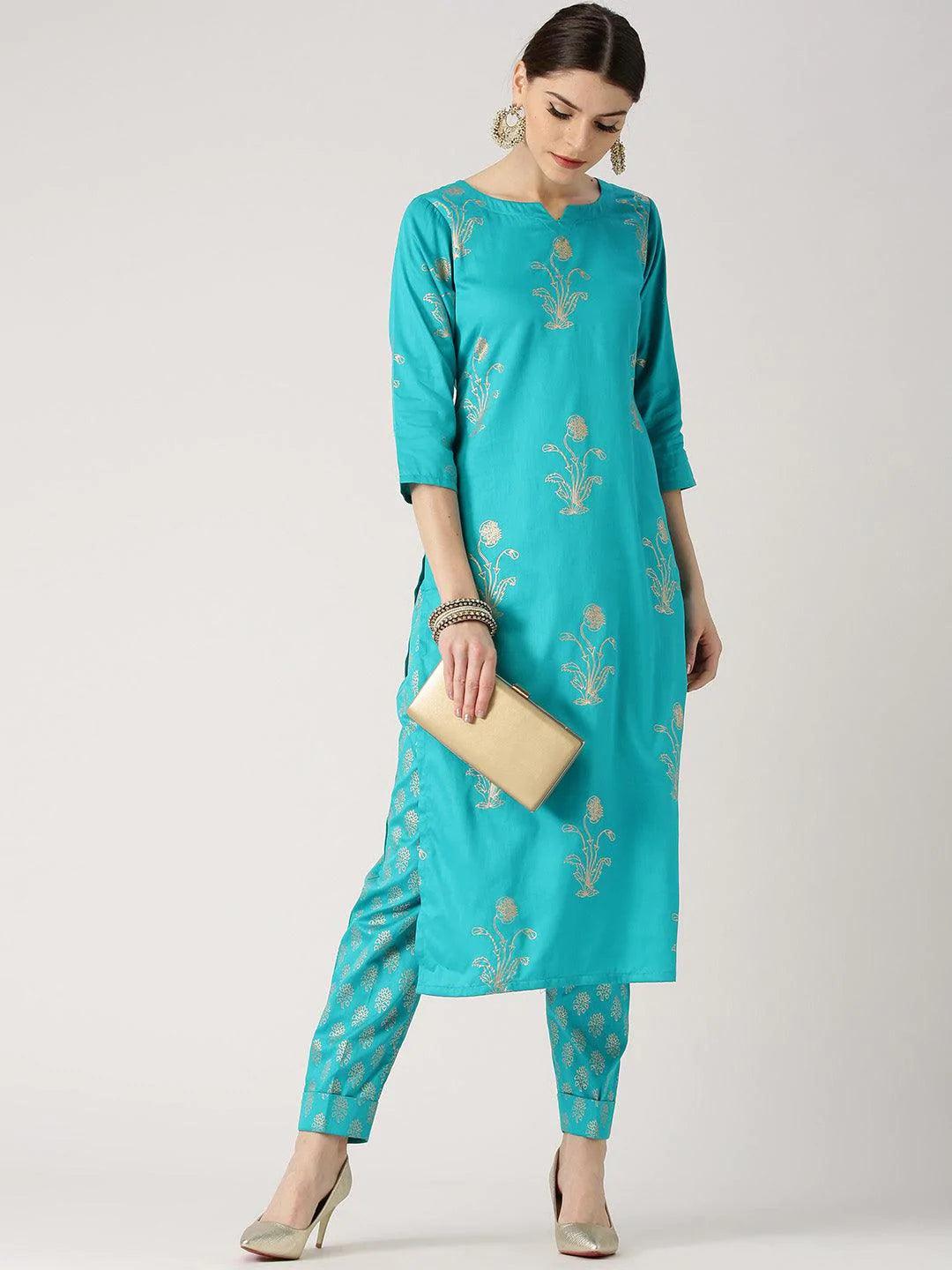 Blue Printed Cotton Kurta Set