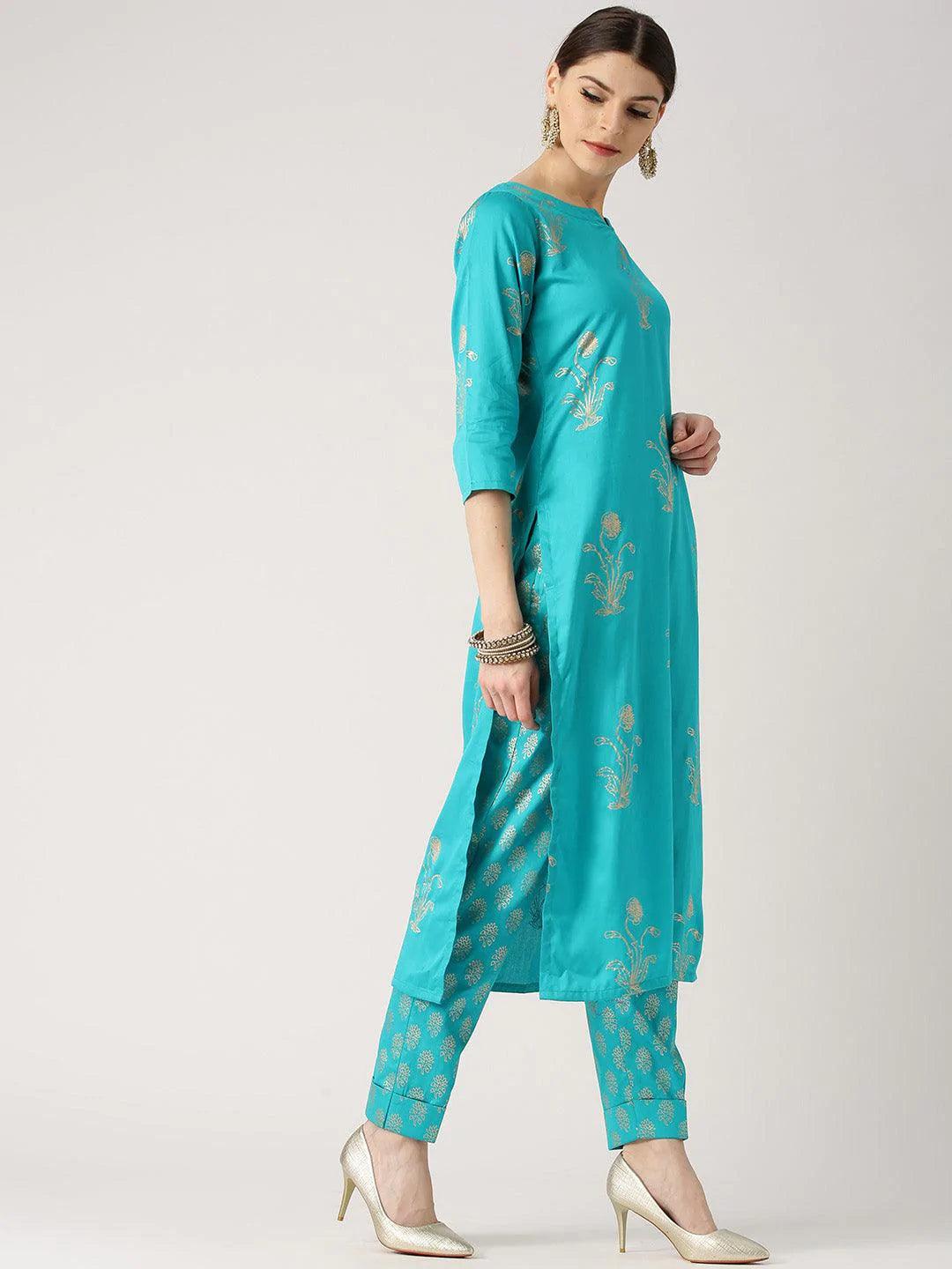 Blue Printed Cotton Kurta Set