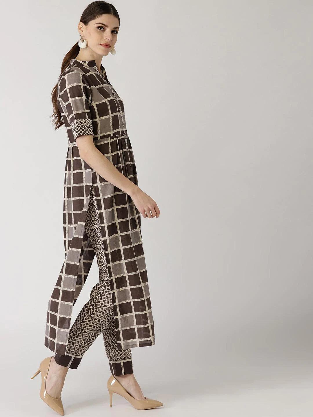 Brown Checkered Cotton Suit Set