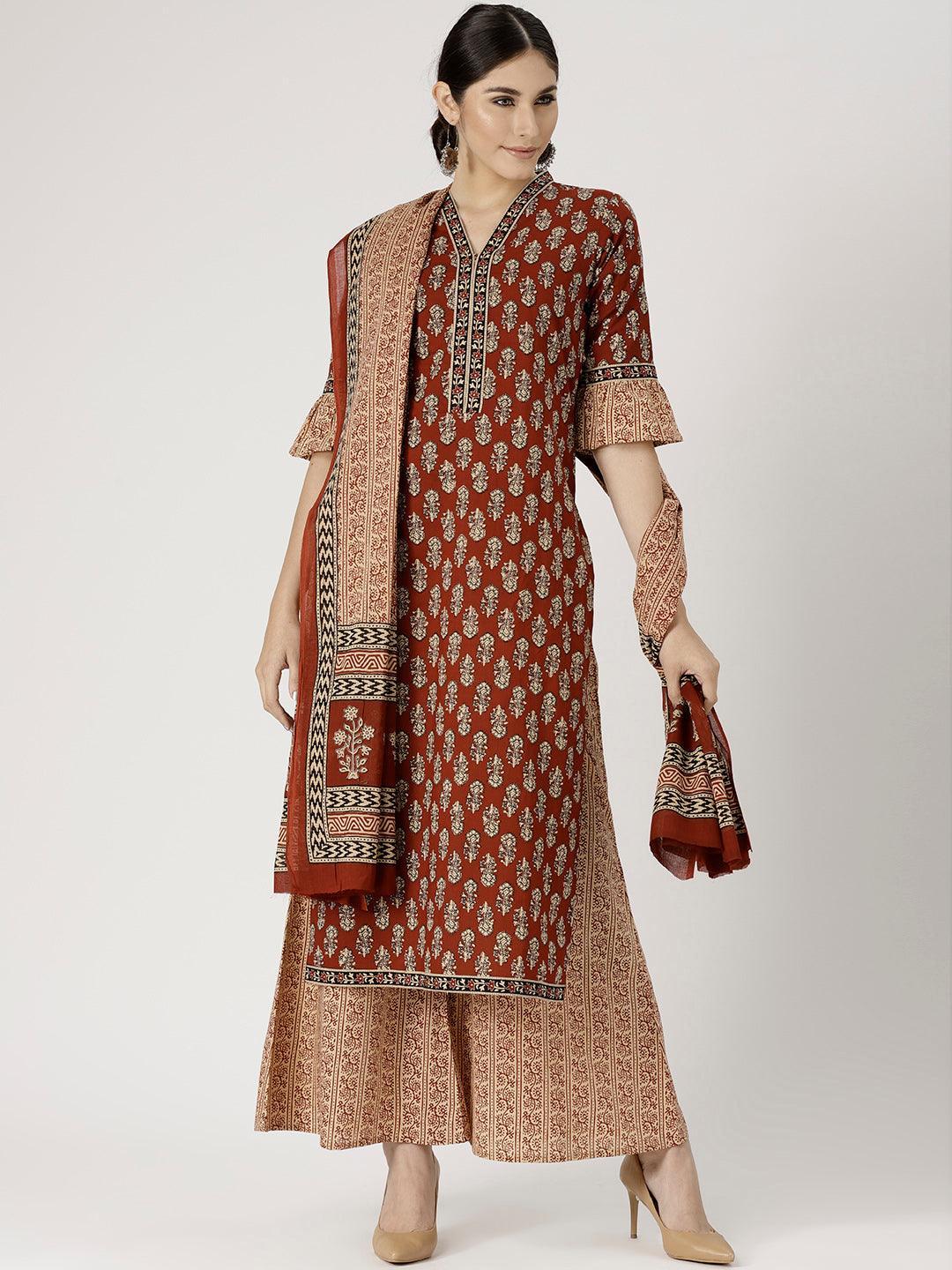 Red Printed Cotton Suit Set - ShopLibas