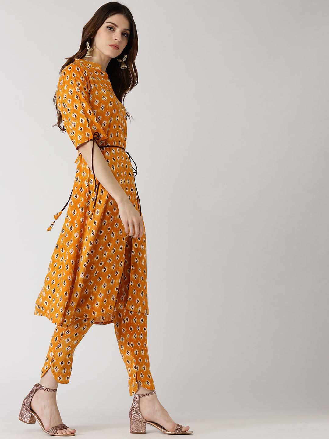 Yellow Printed Rayon Kurta Set - ShopLibas