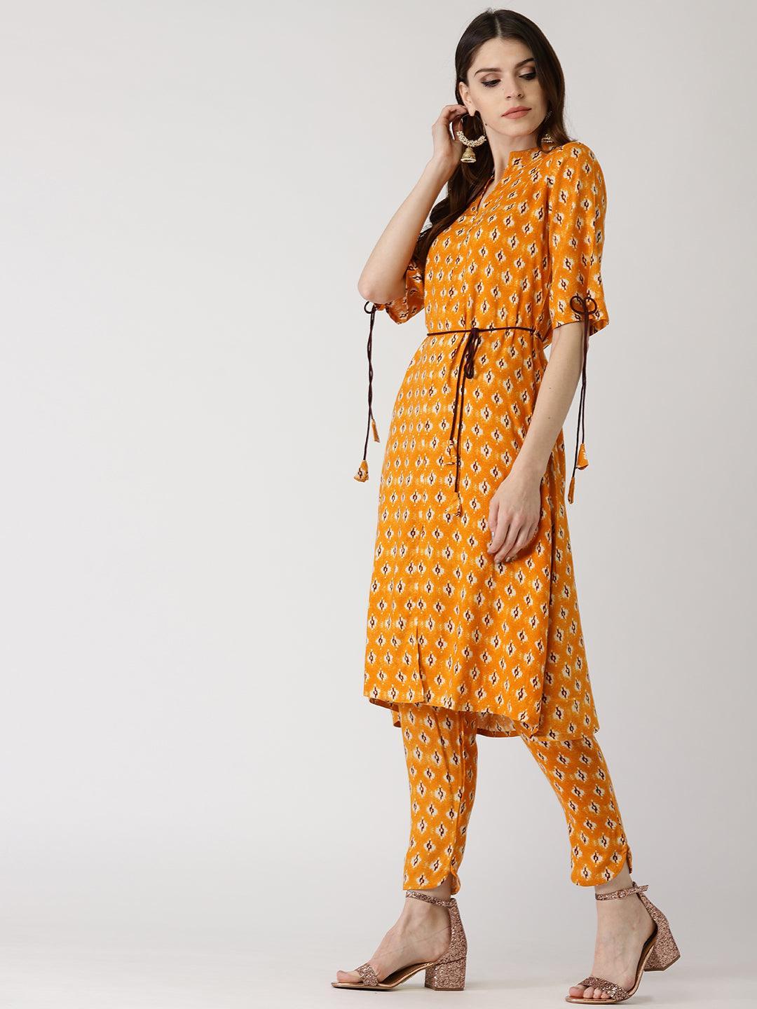 Yellow Printed Rayon Kurta Set - ShopLibas