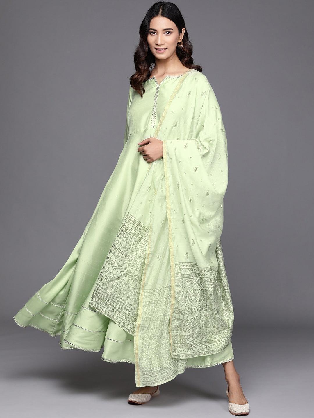 Green Solid Silk Dress With Dupatta