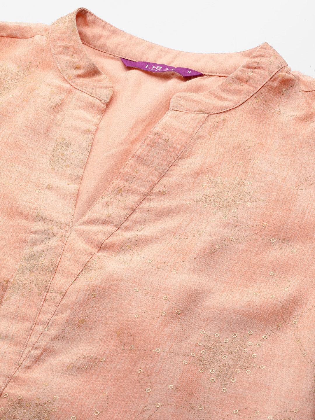 Peach Printed Chanderi Silk Kurta