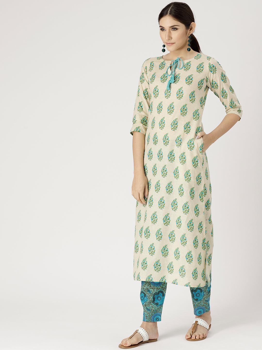 Beige Printed Cotton Kurta Set