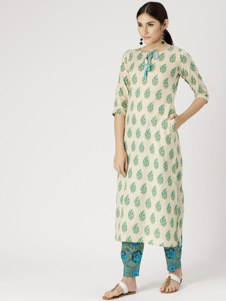 Beige Printed Cotton Kurta Set - ShopLibas