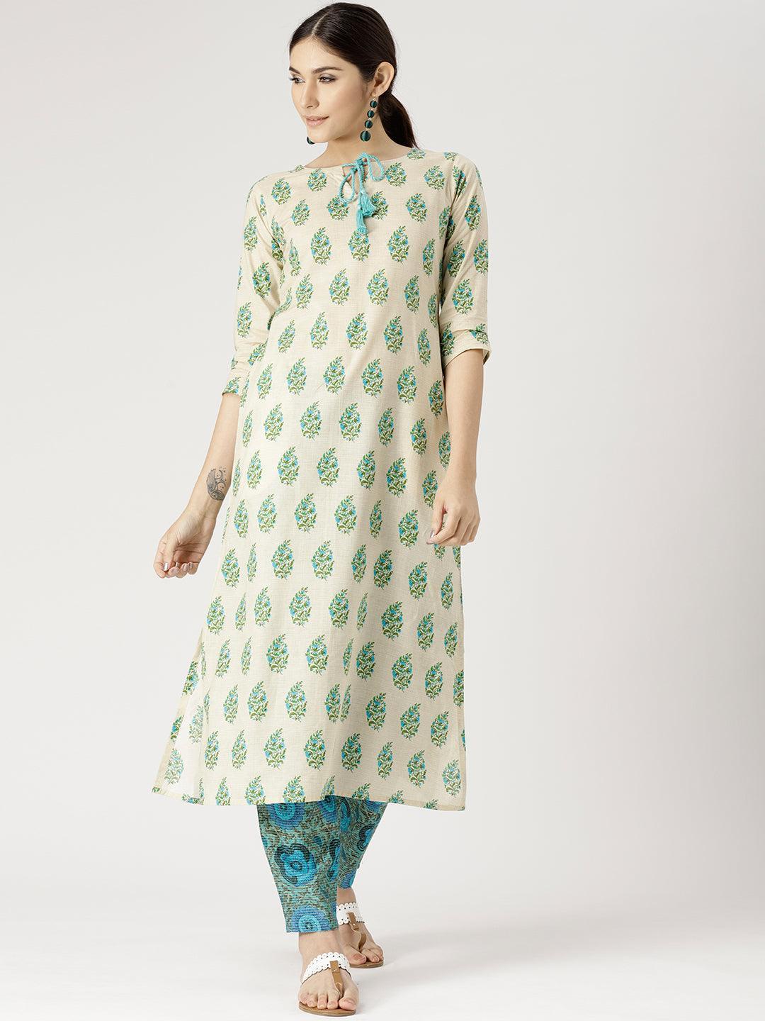 Beige Printed Cotton Kurta Set