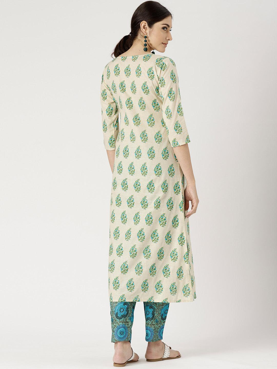 Beige Printed Cotton Kurta Set