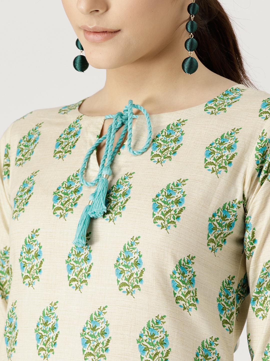 Beige Printed Cotton Kurta Set