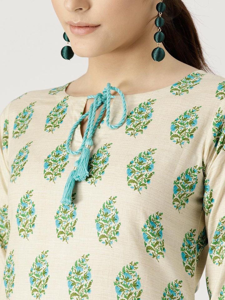 Beige Printed Cotton Kurta Set - ShopLibas