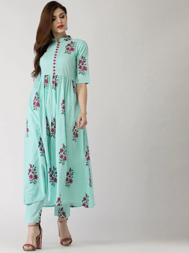 Blue Printed Cotton Kurta Set - ShopLibas