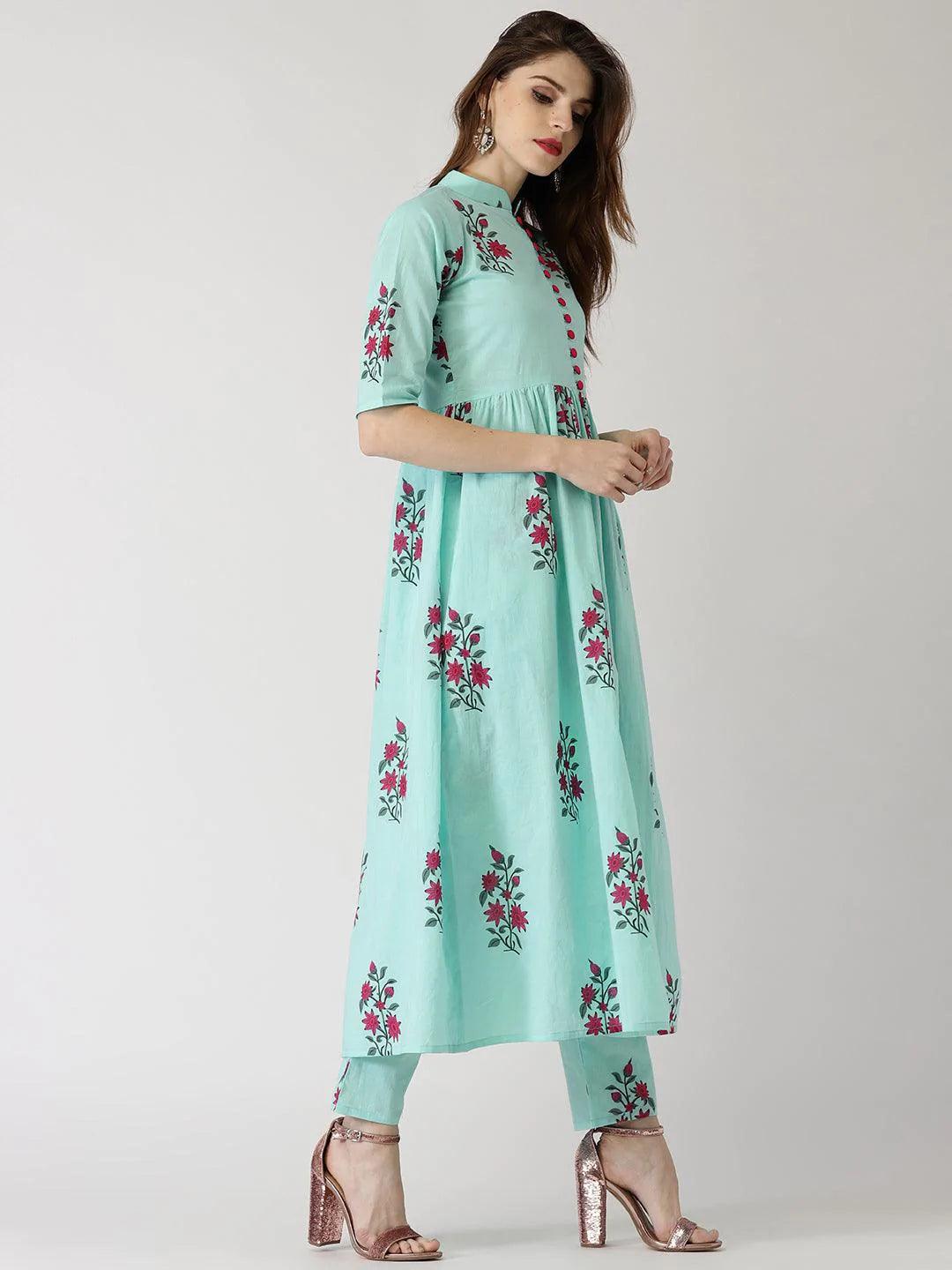 Blue Printed Cotton Kurta Set - ShopLibas