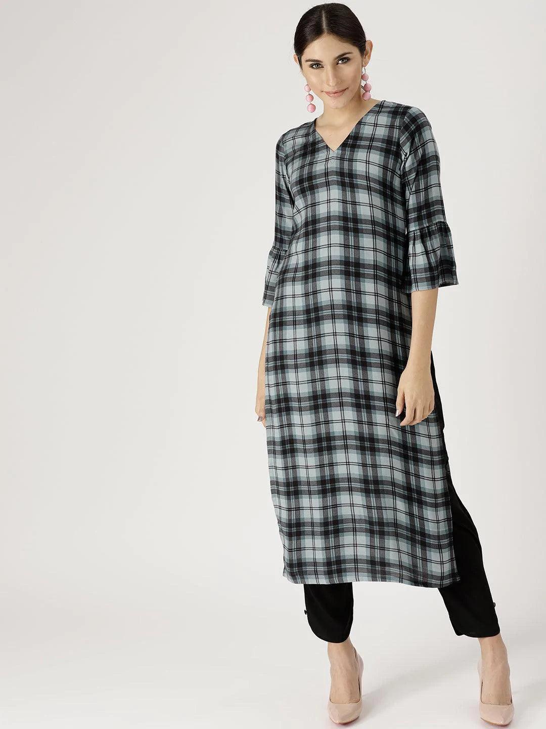 Grey Checkered Rayon Kurta Set