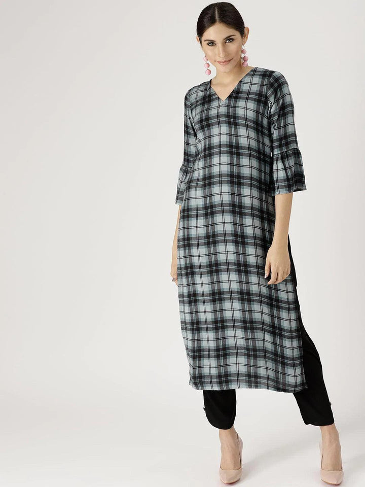 Grey Checkered Rayon Kurta Set - ShopLibas