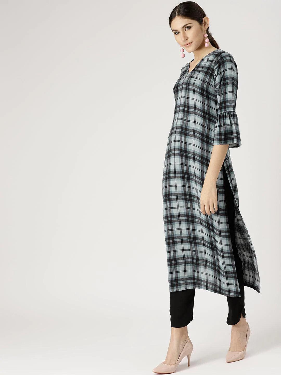 Grey Checkered Rayon Kurta Set