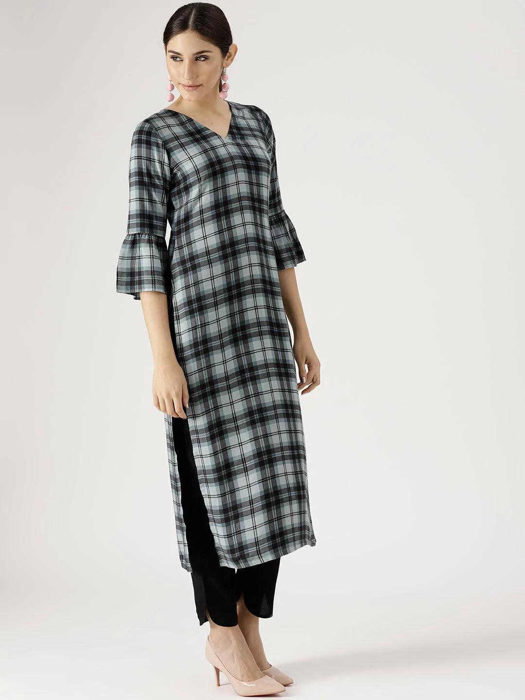 Grey Checkered Rayon Kurta Set