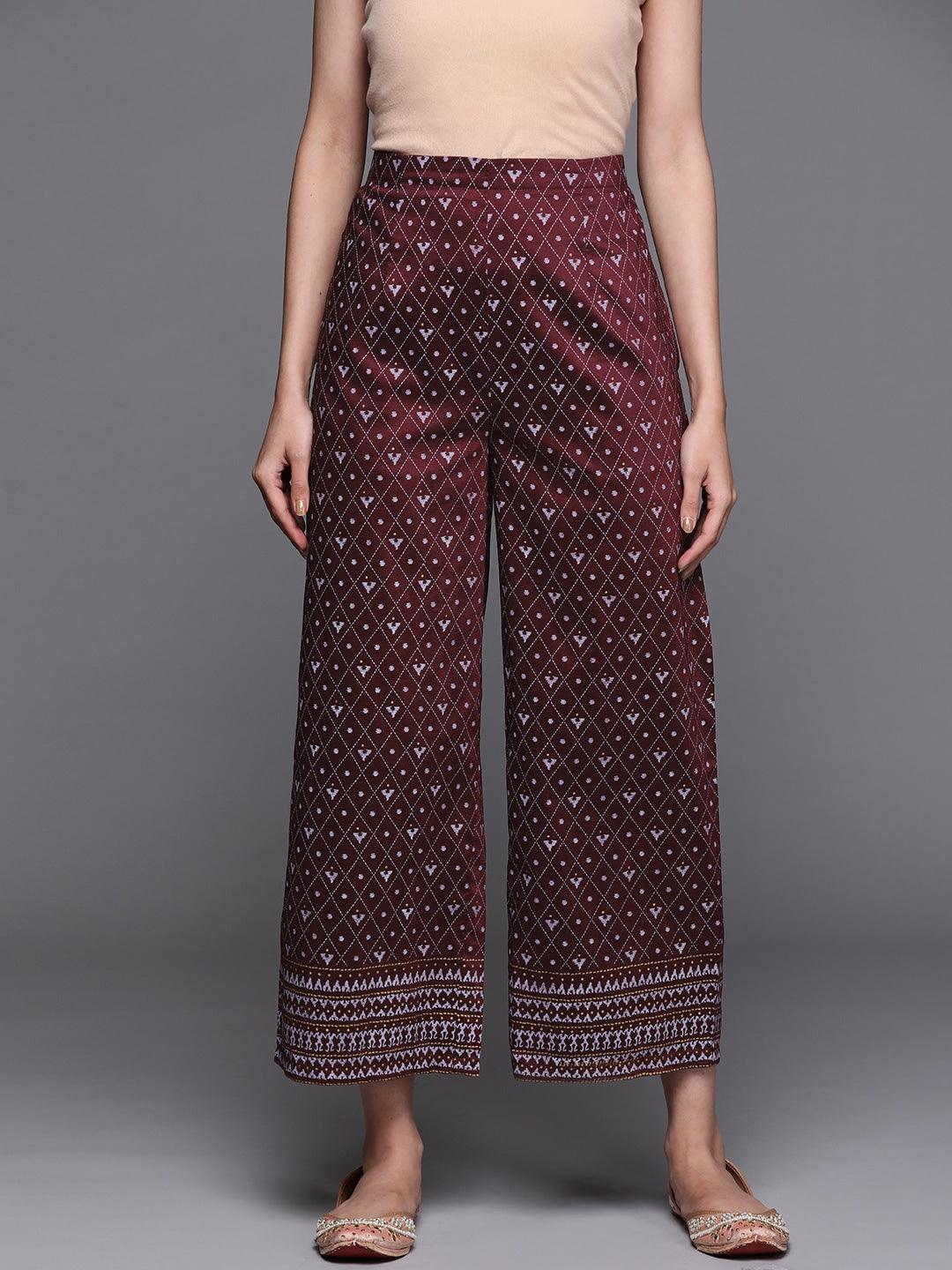 Maroon Printed Silk Palazzos