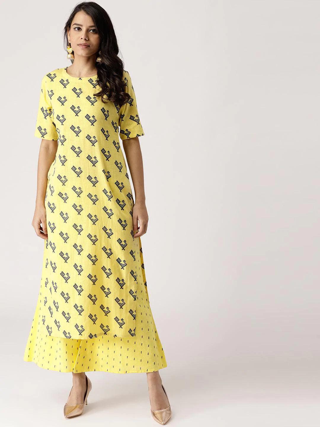 Yellow Printed Cotton Kurta Set