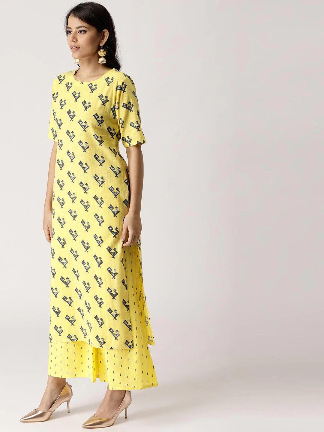 Yellow Printed Cotton Kurta Set