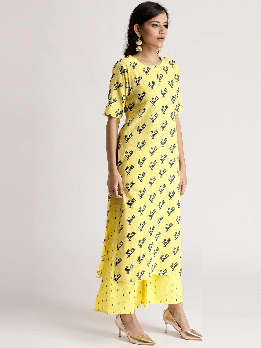 Yellow Printed Cotton Kurta Set