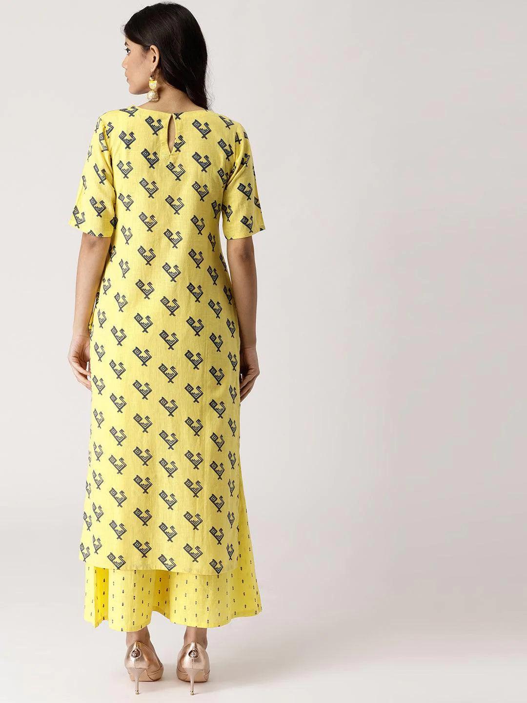 Yellow Printed Cotton Kurta Set