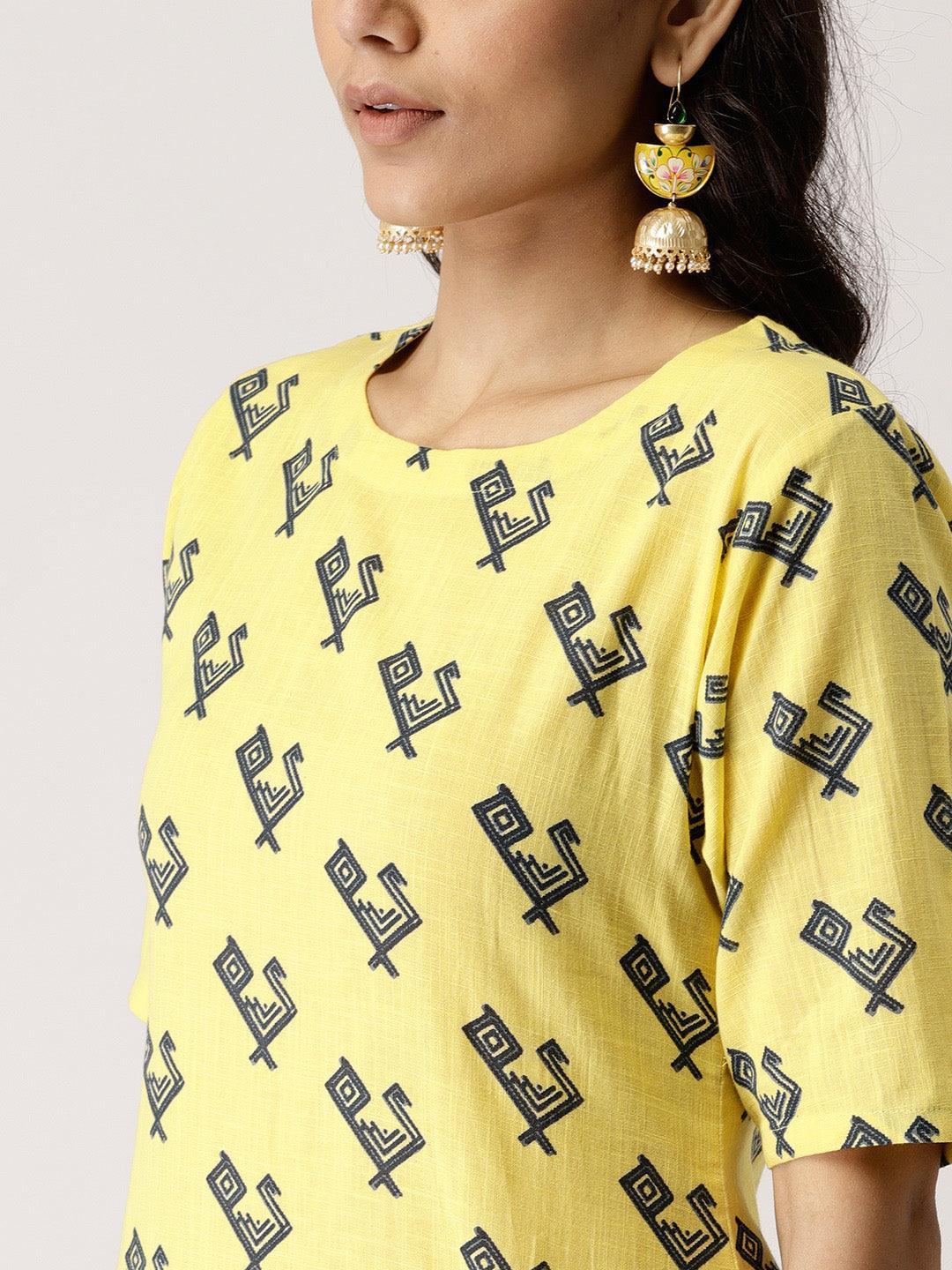 Yellow Printed Cotton Kurta Set