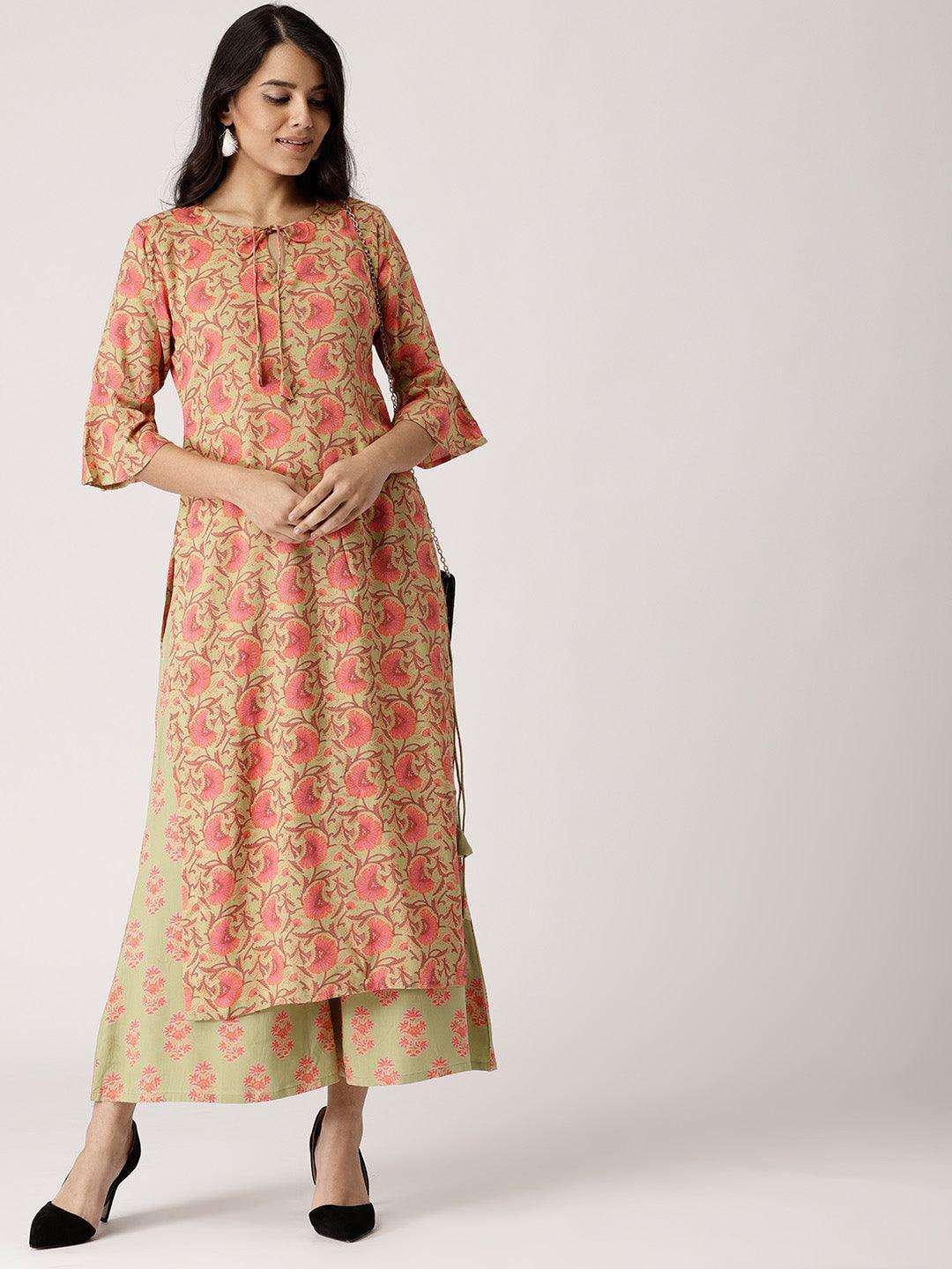 Green Printed Rayon Kurta Set