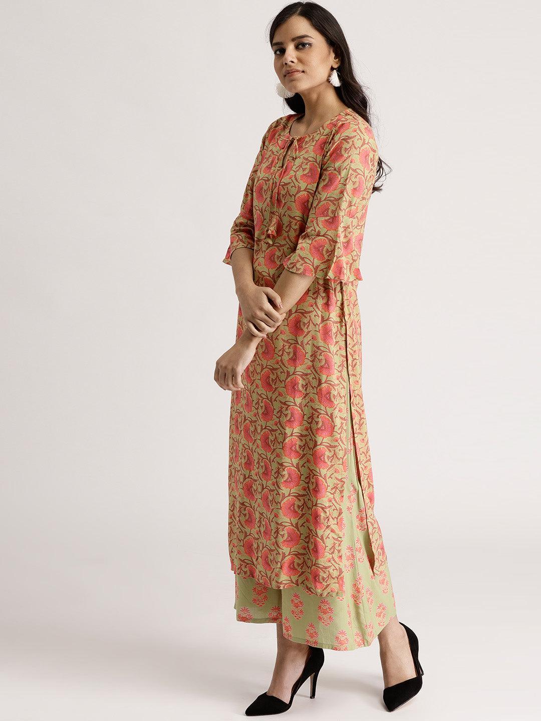 Green Printed Rayon Kurta Set