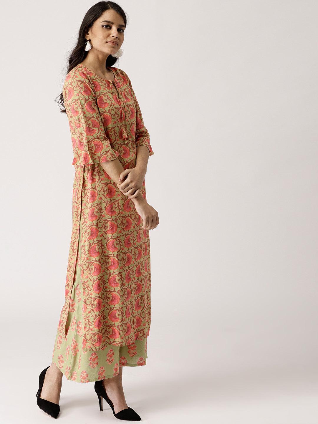 Green Printed Rayon Kurta Set