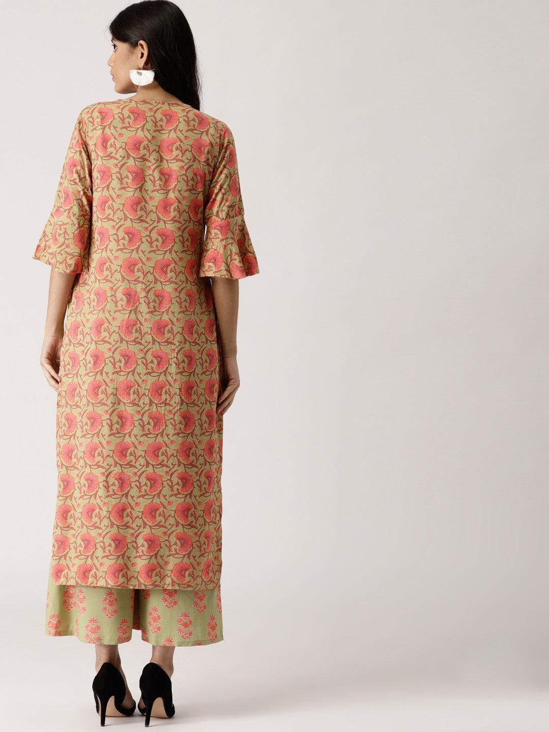 Green Printed Rayon Kurta Set