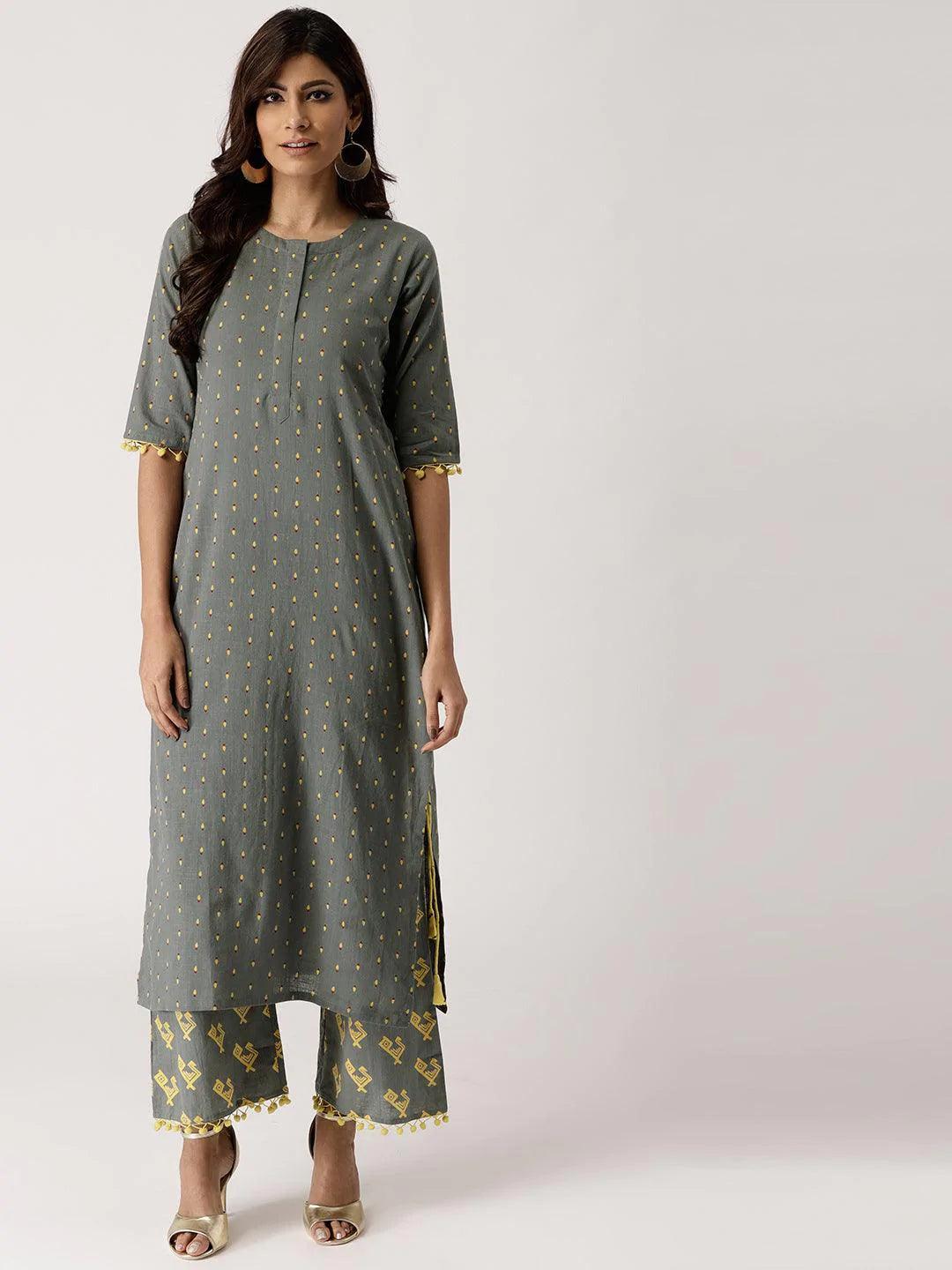 Grey Printed Cotton Kurta Set