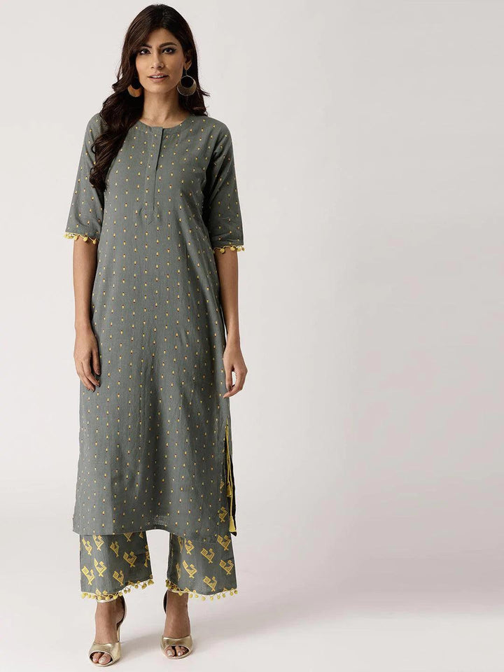 Grey Printed Cotton Kurta Set - ShopLibas