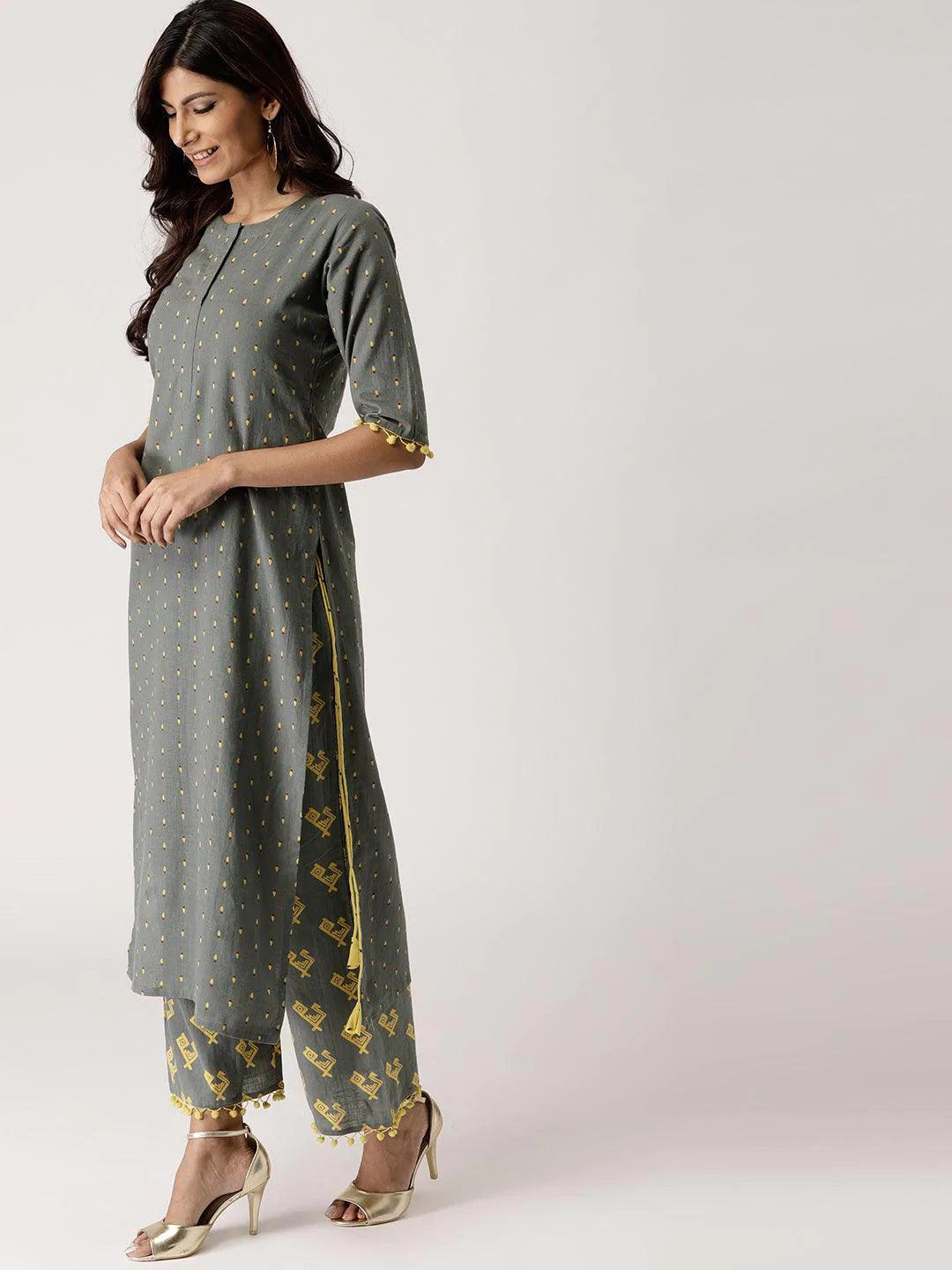 Grey Printed Cotton Kurta Set