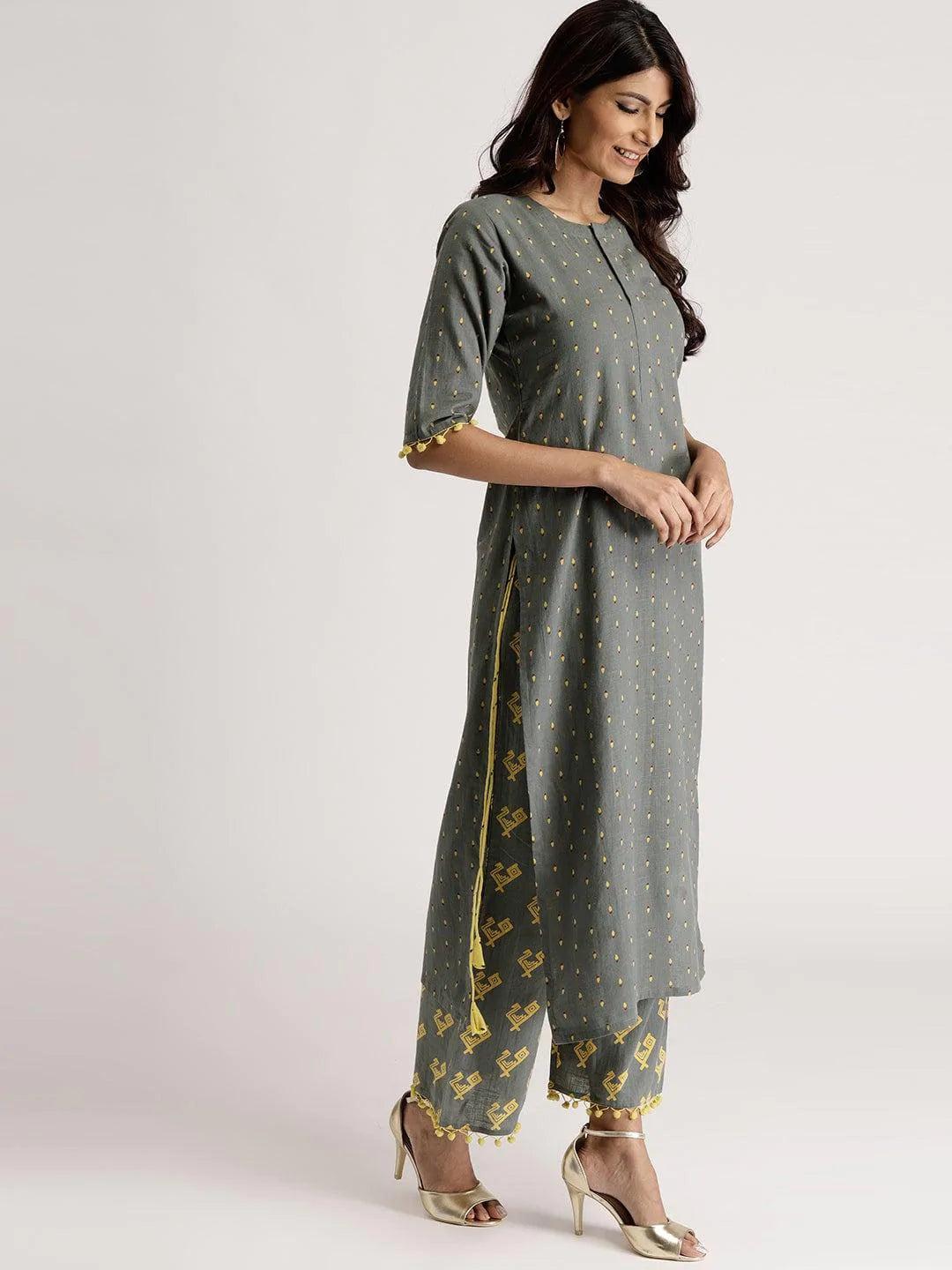 Grey Printed Cotton Kurta Set