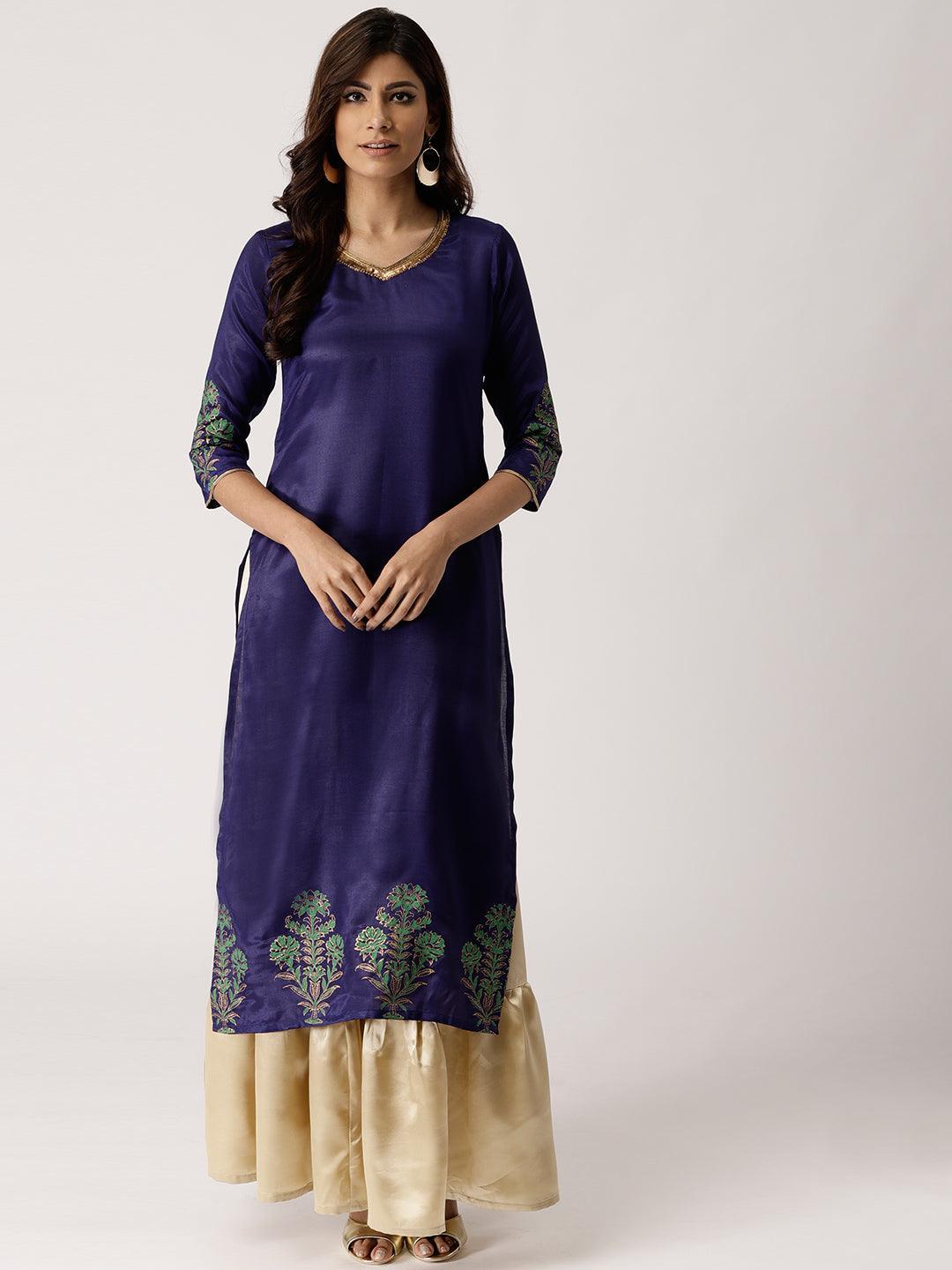 Blue Solid Polyester Straight Kurta With Skirt & Dupatta