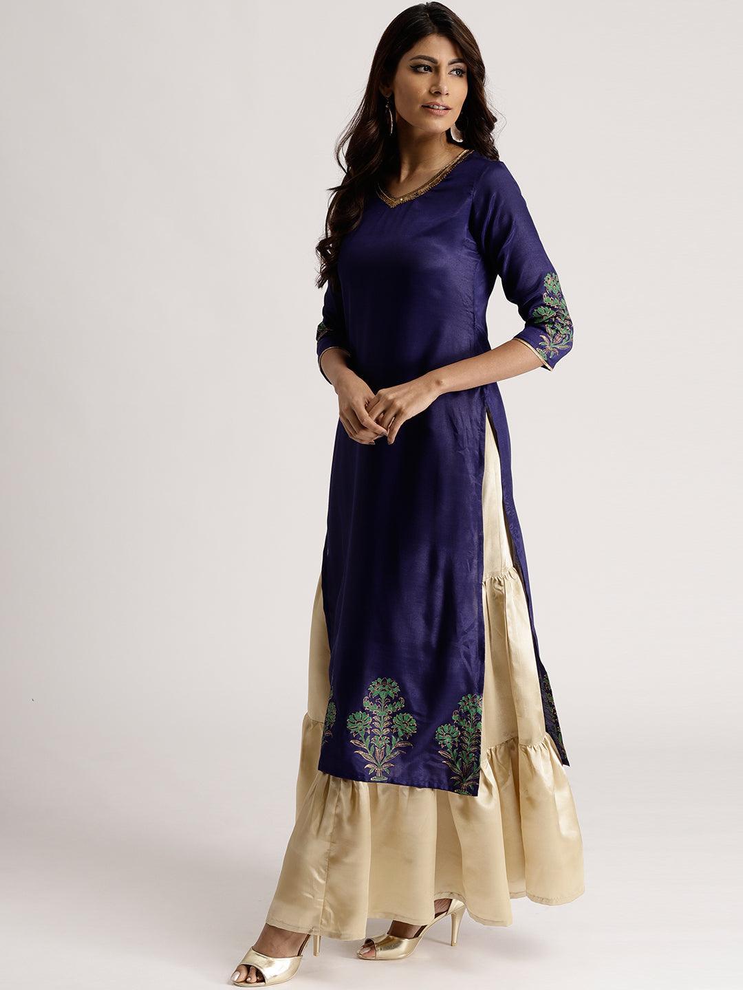 Blue Solid Polyester Straight Kurta With Skirt & Dupatta